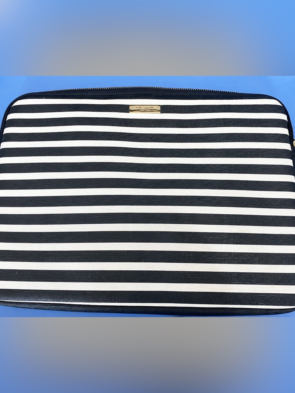 Laptop case Kate Spade Black and White Striped Zip Pouch with Gold Plate